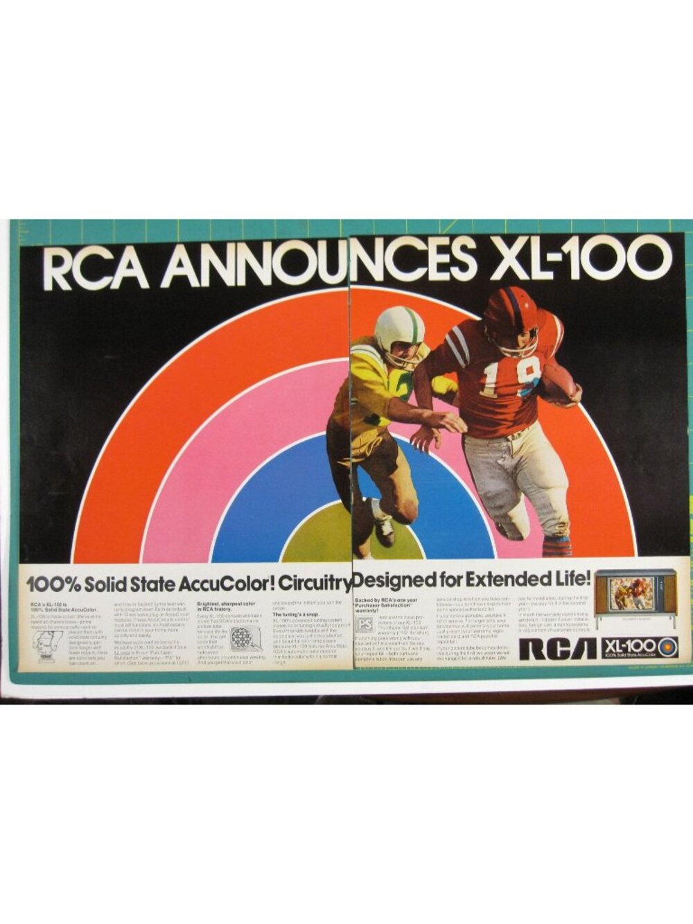 Print Ad RCA XL100 Solid State Color TV Football 2 PG Vintage 1970s Electronics